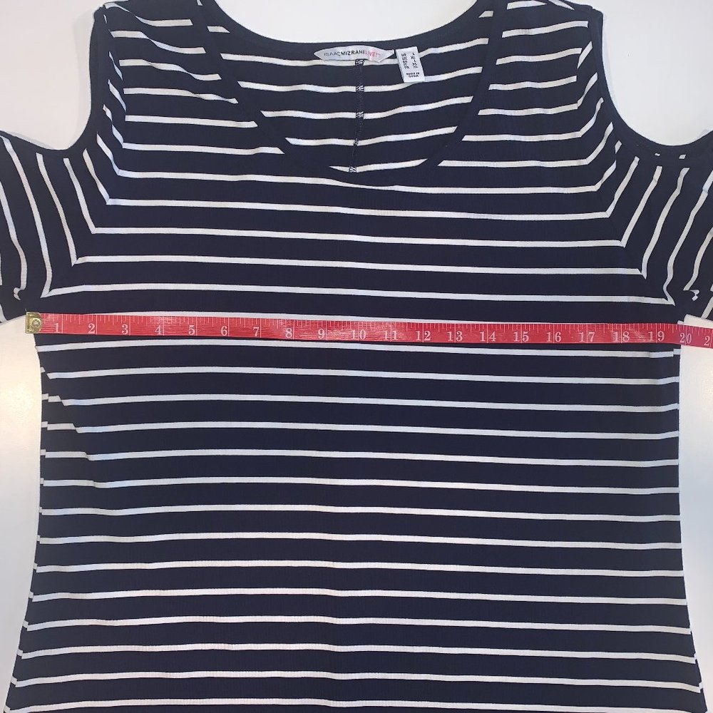 NWOT Isaac Mizrahi Live! Lg Blue/White Striped Cold Shoulder Maxi Dress Hi - Low - Picture 7 of 9